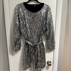 Long Sleeve Silver Sequin Dress